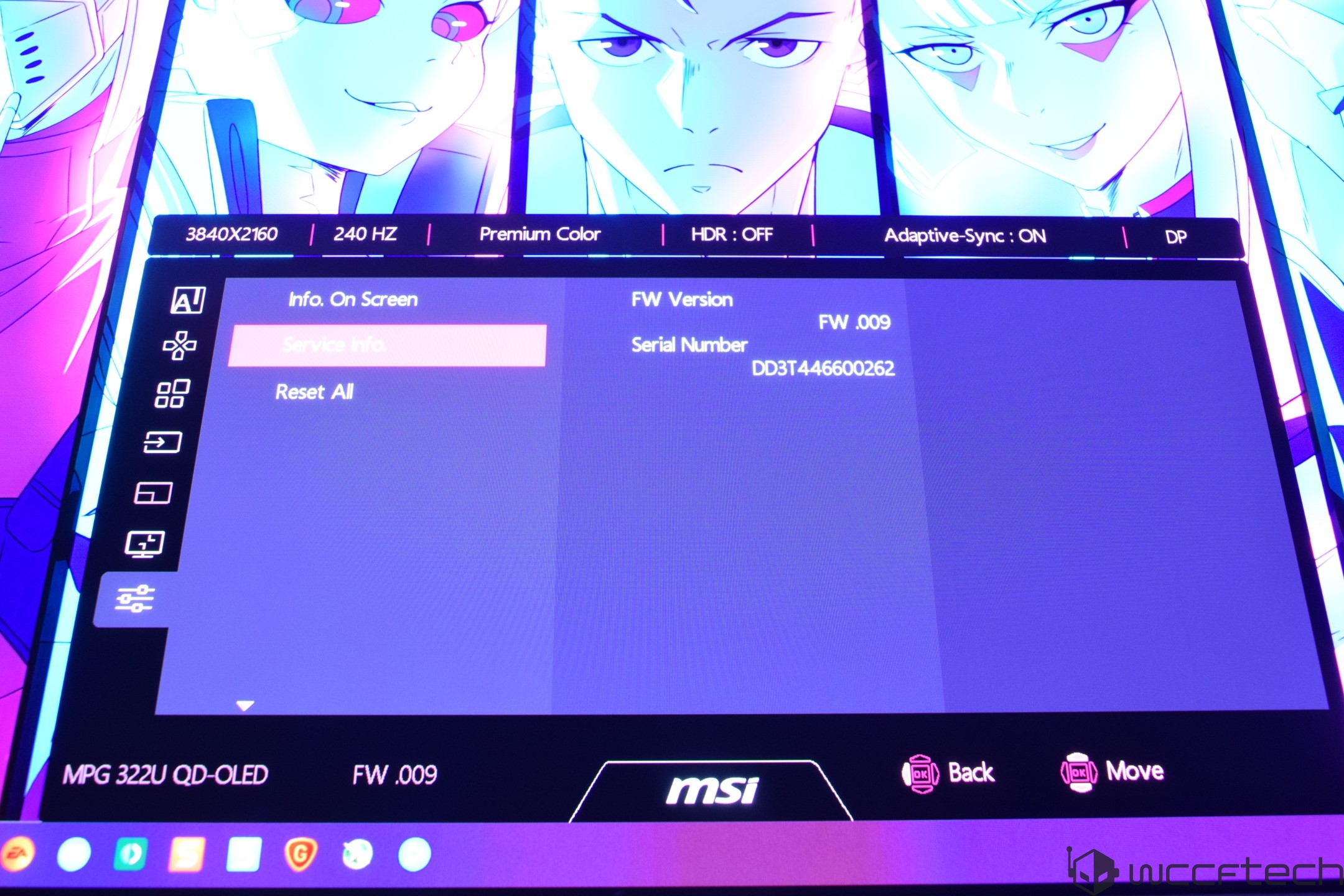 The MSI MPG 322U QD-OLED monitor displays settings including resolution '3840x2160', refresh rate '240 Hz', and firmware version 'FW .009'.