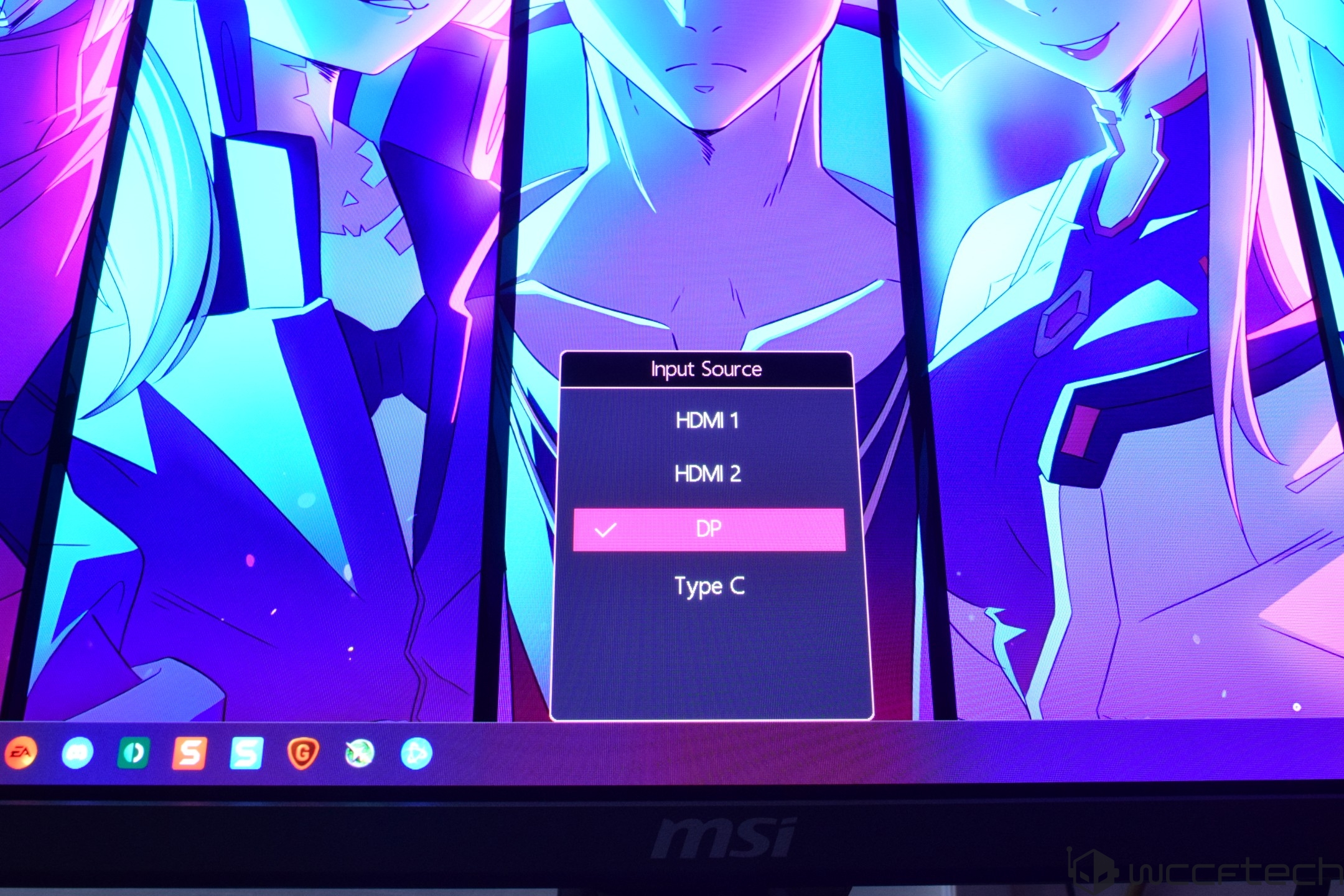 An MSI monitor displays an input source menu with the 'DP' option selected, overlaying a colorful anime-style background.
