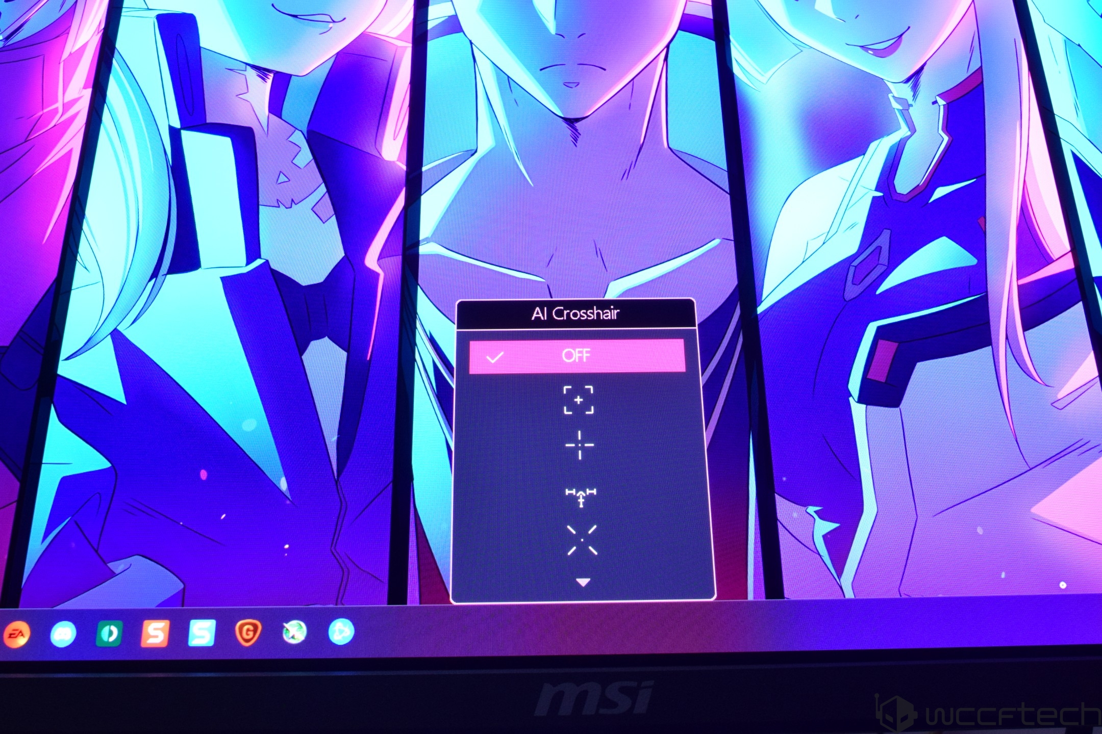 A screen shows an animated scene with a menu titled 'AI Crosshair' set to 'OFF' on an MSI display.