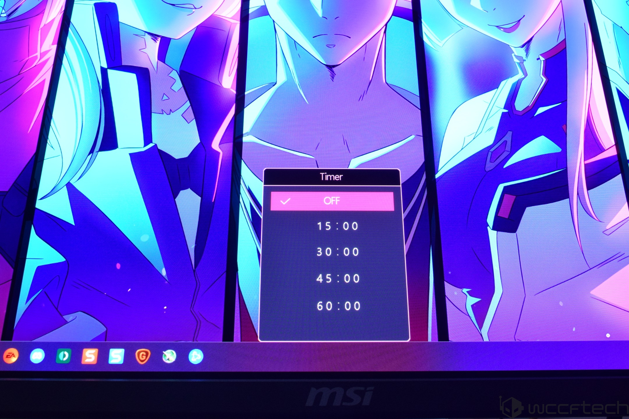 An MSI monitor displays an anime-themed wallpaper with a floating 'Timer' menu showing options: 'Off,' '15:00,' '30:00,' '45:00,' and '60:00.'