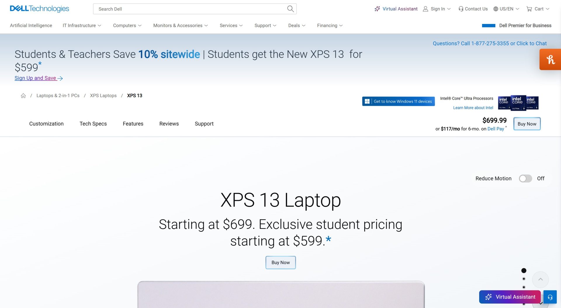 The Dell Technologies website banner advertises the XPS 13 Laptop with prices starting at $699 and exclusive student pricing starting at $599, featuring Intel Core Ultra processors.
