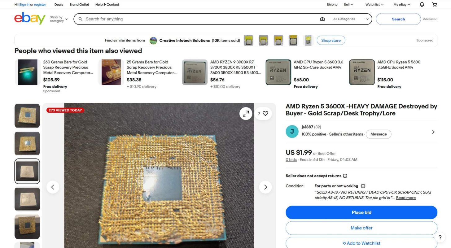 Underside of a destroyed AMD Ryzen 5 3600X CPU with completely flattened bent pins and a warped heat spreader from an eBay return scam