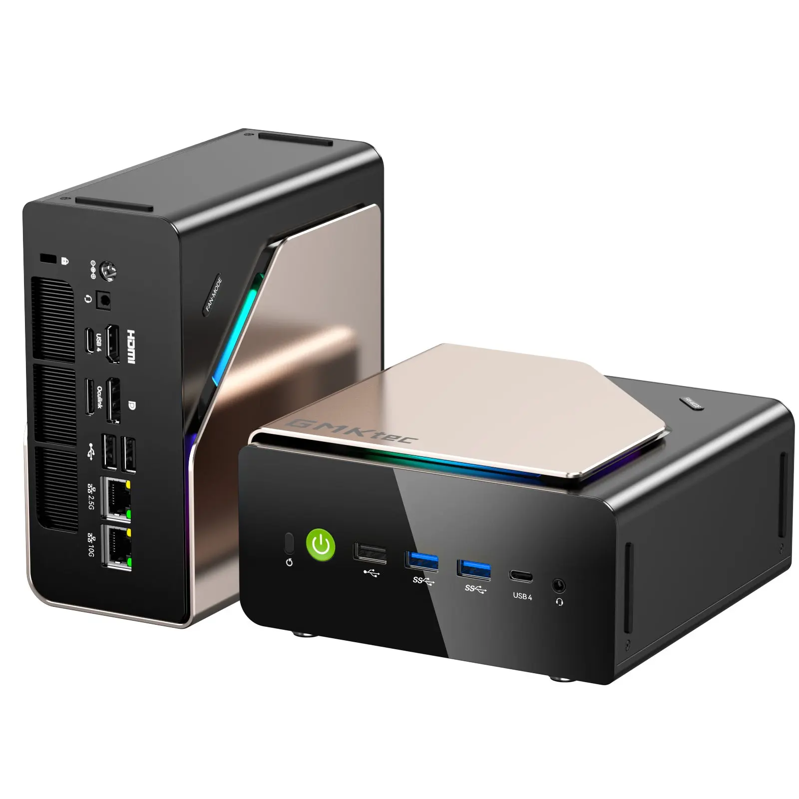 Two GMKtec mini PCs with one showing various ports including HDMI, Ethernet, and USB, and the other featuring a power button and USB ports on the front panel.