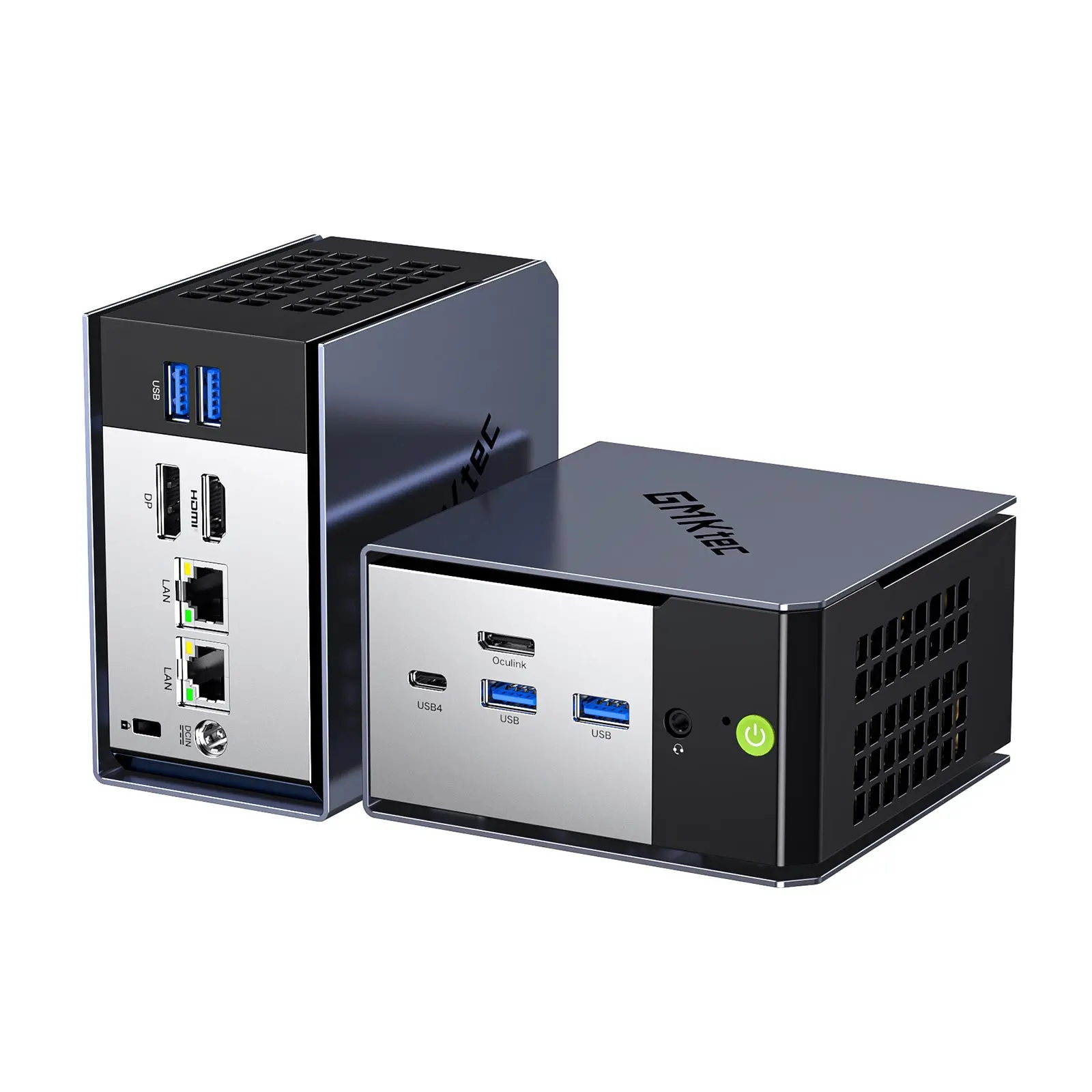 Two GEEKOM AS 6 mini PCs are shown, highlighting multiple USB ports, Ethernet connections, and a power button on their sleek metallic design.