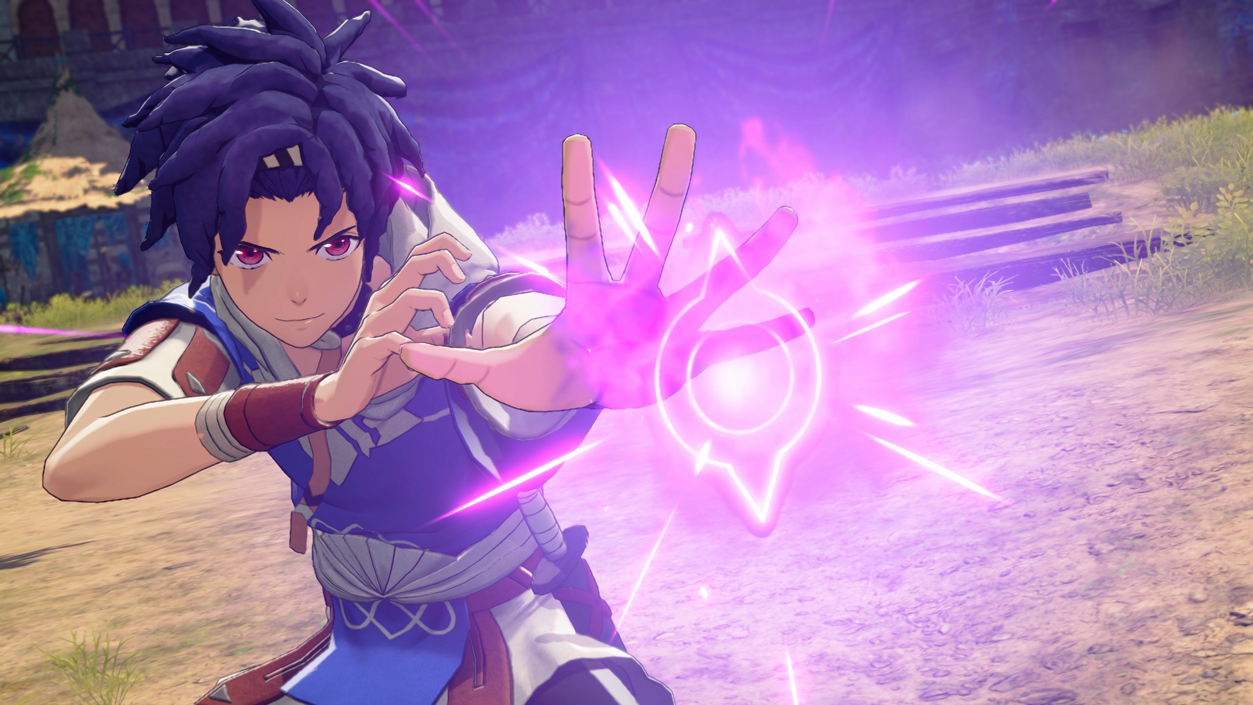 A character in Blue Protocol performs a magical attack with pink energy emanating from their hand.