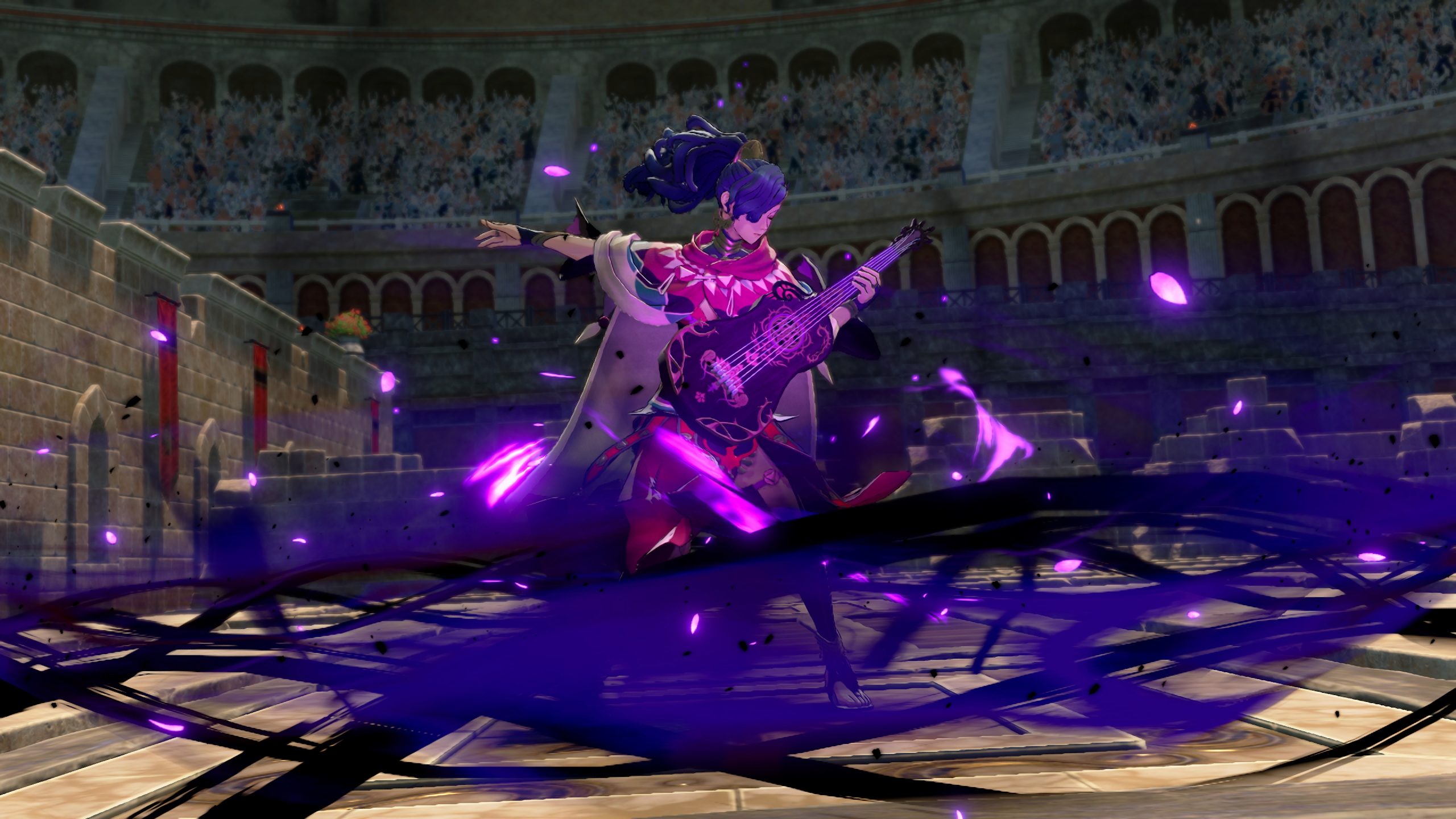 A character in vibrant attire performs with a magical guitar, emitting purple energy, in a coliseum-like arena from the game Fire Emblem Engage.