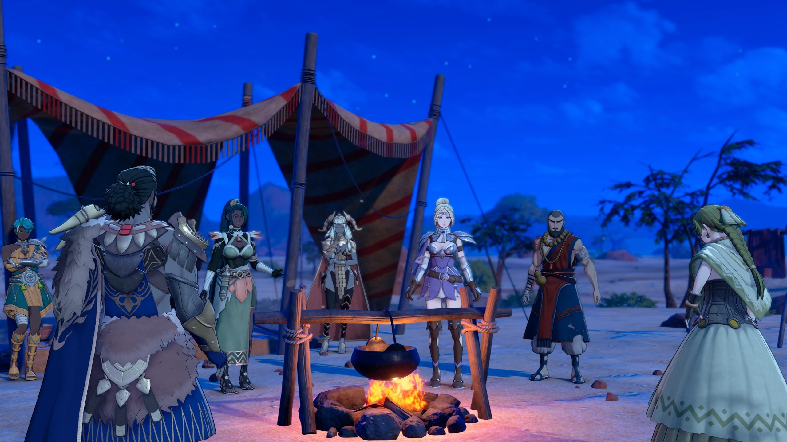 A group of fantasy characters in armor and robes gather around a campfire under a tent at night in a desert setting, possibly from a video game.