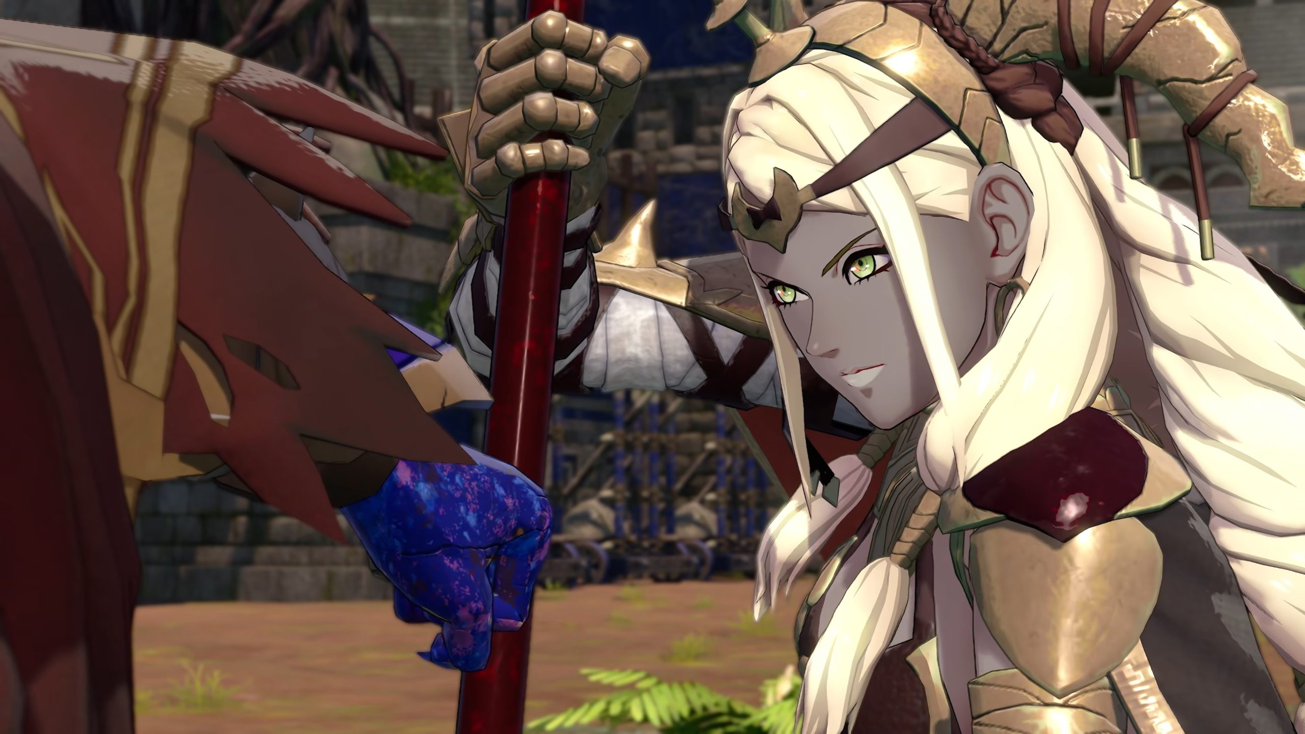 A character in ornate armor interacts with another in a medieval fantasy setting from the game Fire Emblem Engage.