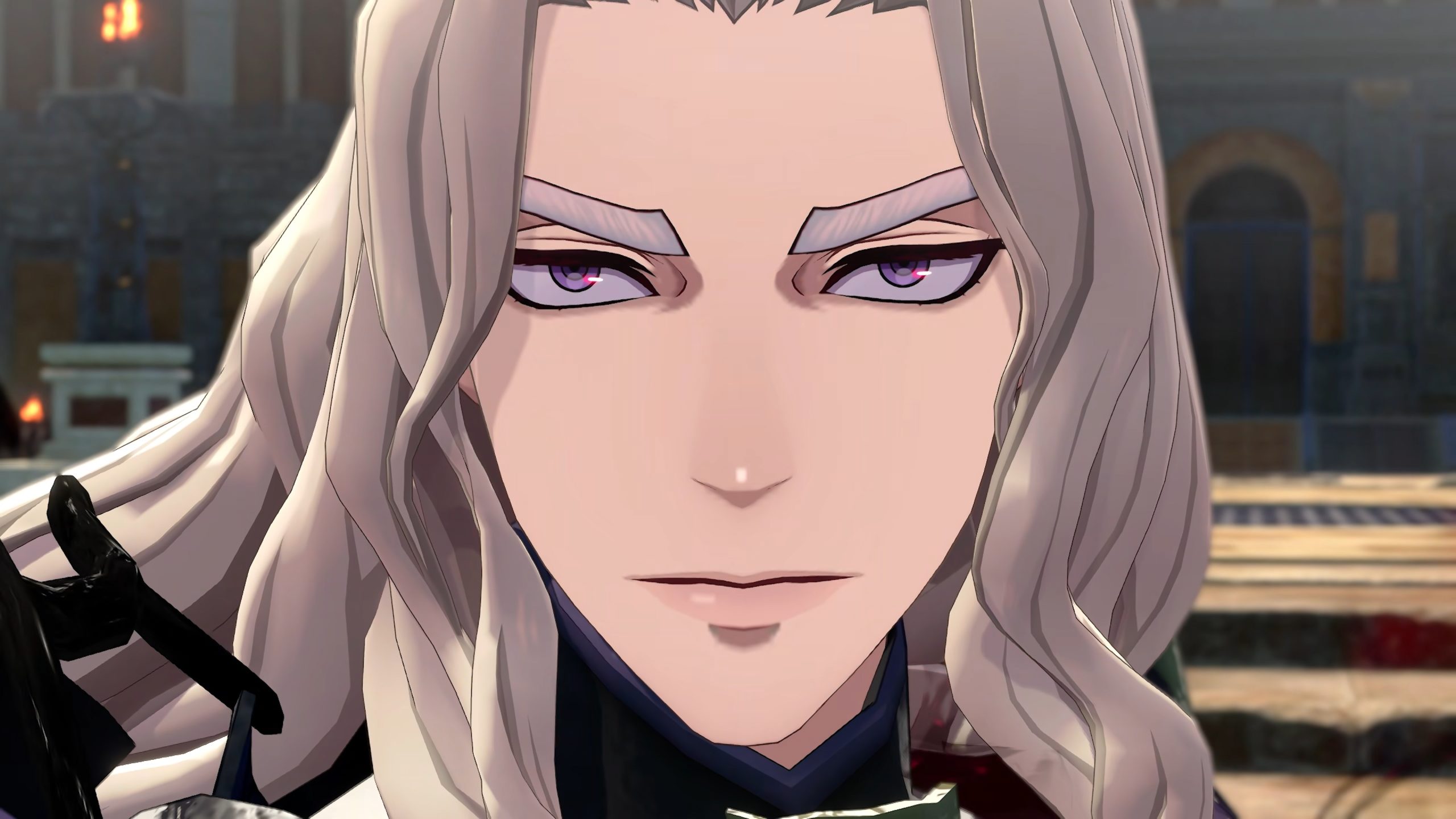 A close-up of a character with long silver hair and purple eyes from a video game.