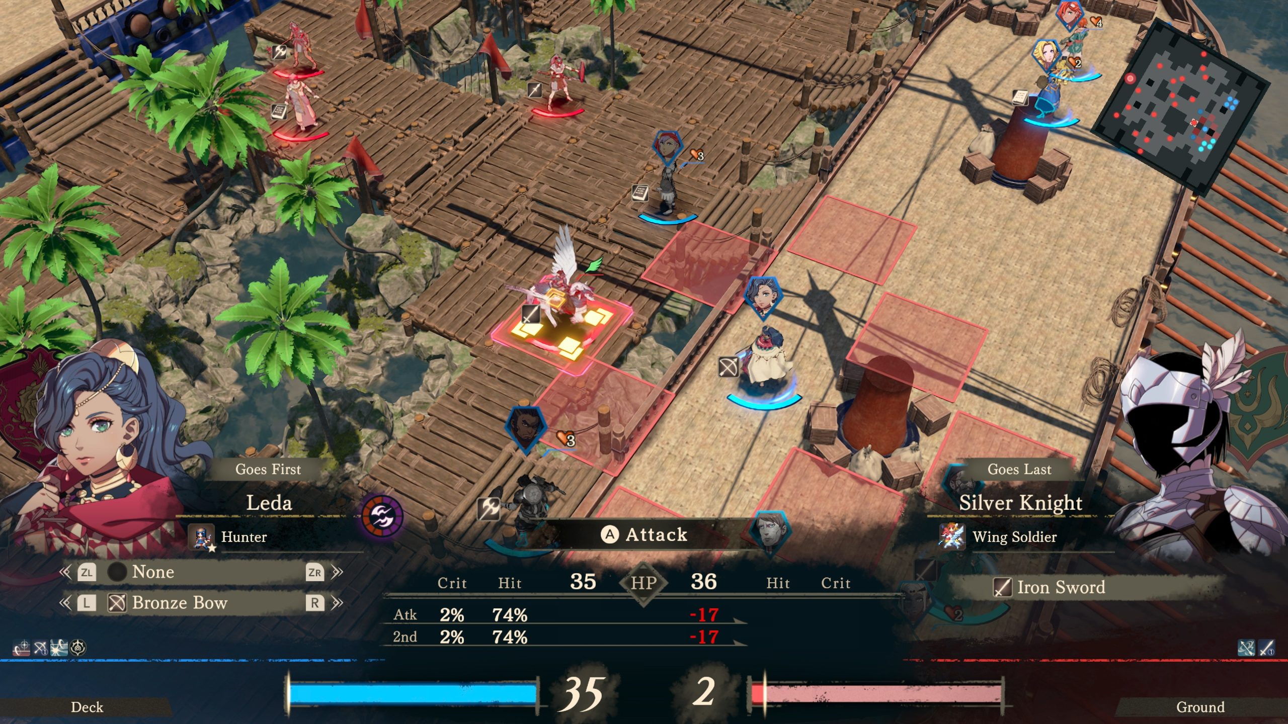 A strategic board is presented in a video game featuring the character Leda, denoted as 'Hunter,' confronting a 'Silver Knight' on a wooden bridge, with detail on HP and critical hit percentages visible.
