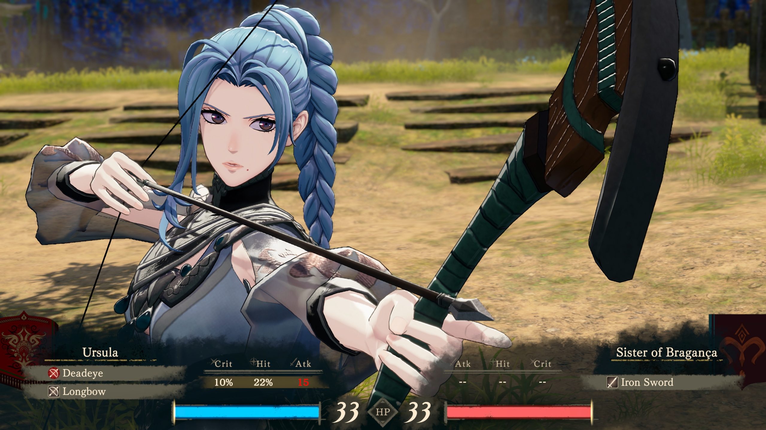 A character named Ursula from the game “Fire Emblem” is aiming a longbow with 'Deadeye' selected, showing a 10% crit and 22% hit on the battle interface, with 33 HP remaining.