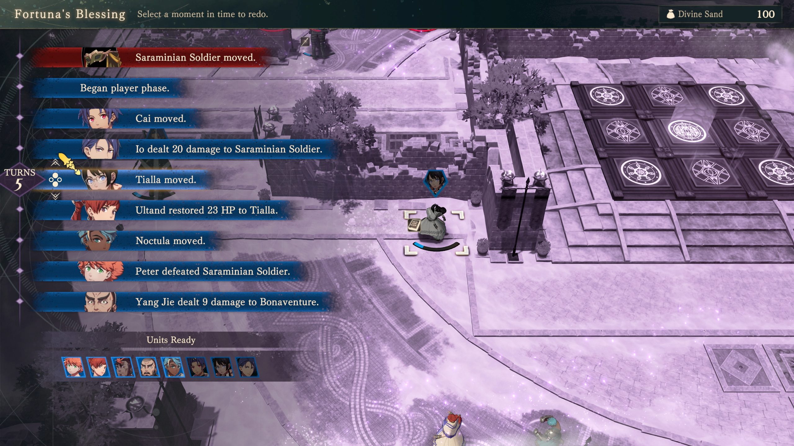 A strategy game interface shows the 'Fortuna's Blessing' menu with actions like Cai moved and Yang Jie dealt 9 damage to Bonaventure alongside character avatars and game map elements.