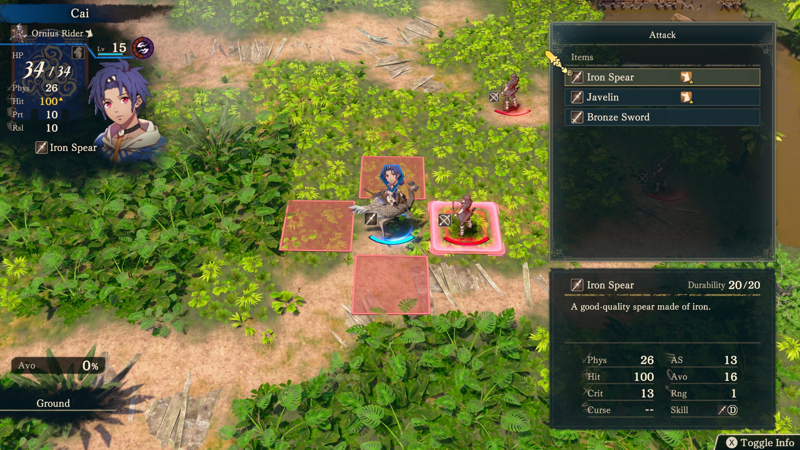 A tactical RPG game screen shows a character named Cai, level 15 Ornius Rider, equipped with an 'Iron Spear' and targeting an enemy on a grid-based battlefield with '34/34 HP' and 'Hit 100%'.