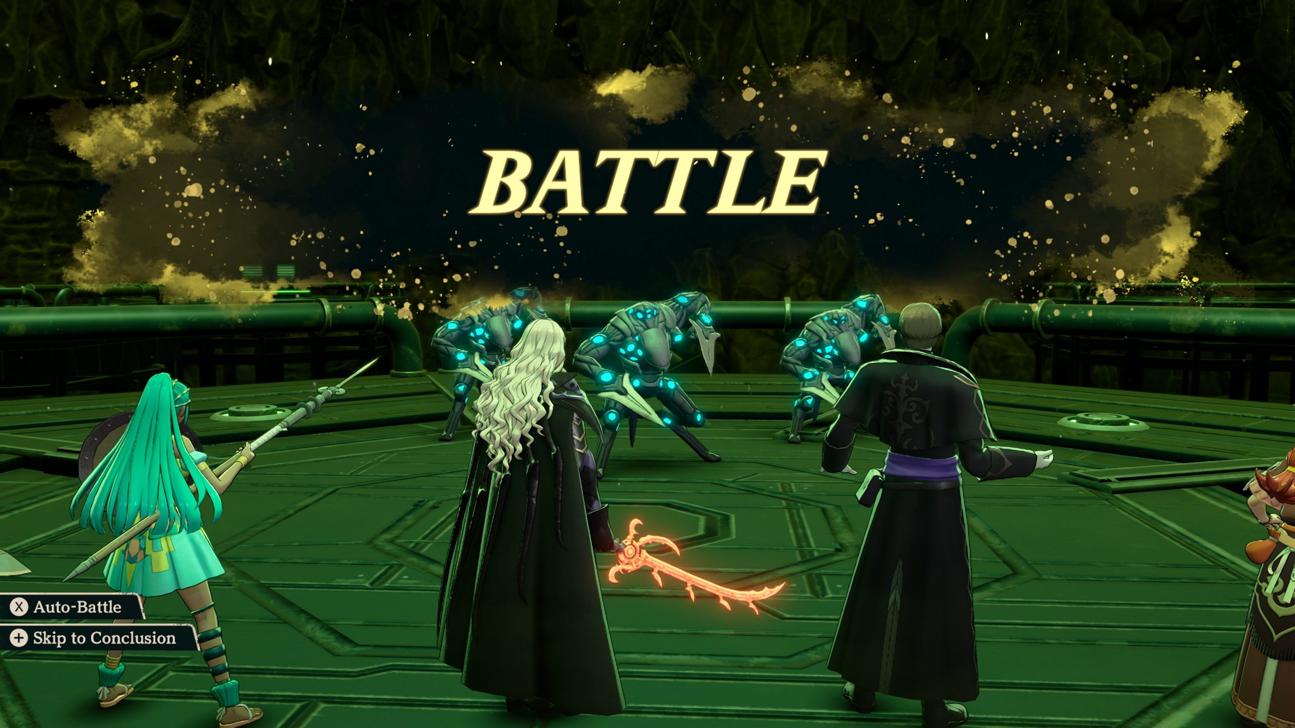 Characters in a fantasy setting stand ready for a 'Battle' against blue robotic creatures, with options for 'Auto-Battle' and 'Skip to Conclusion' visible on the screen.