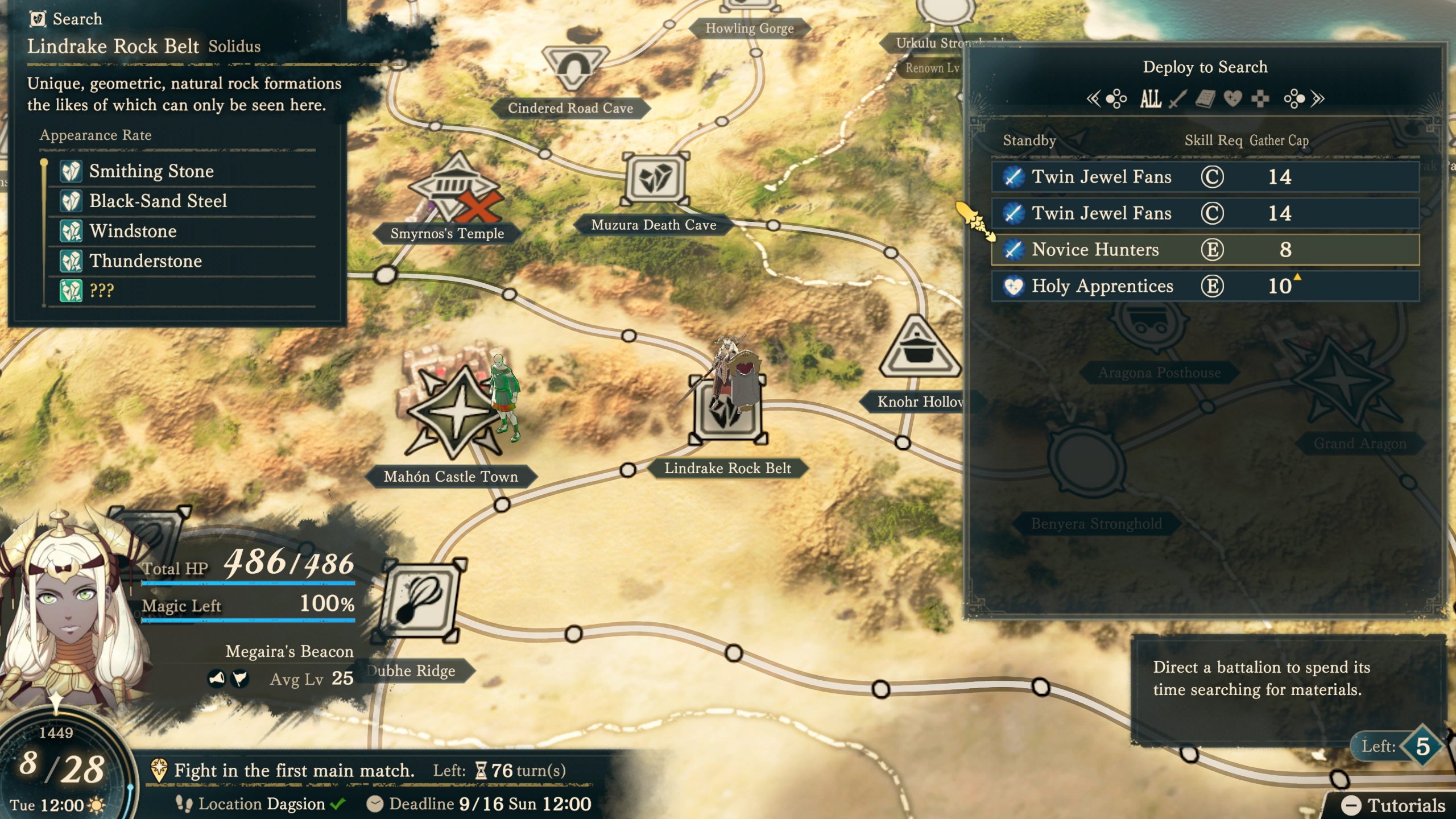 A game interface shows a character planning an expedition to 'Lindrake Rock Belt,' where resources like Smithing Stone and Thunderstone can be found, with a map and options for selecting search teams including 'Twin Jewel Fans' and 'Novice Hunters.'