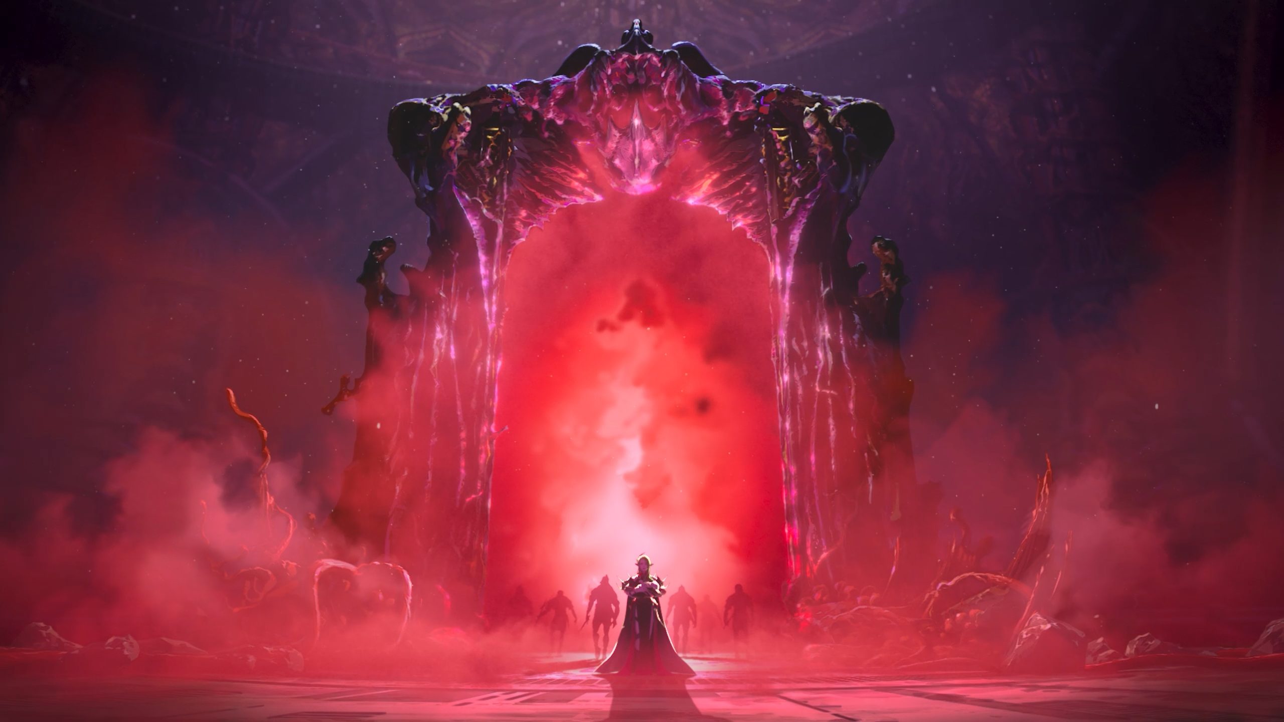 A character stands before a massive, glowing red portal in a mystical setting, with shadowy figures emerging behind.