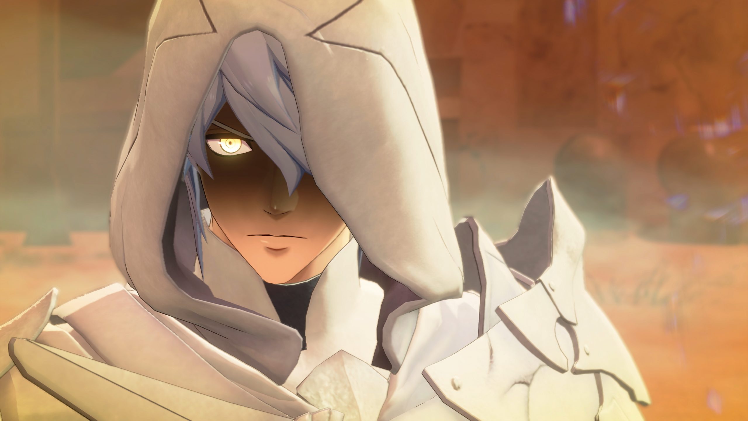 A character in a hooded cloak with glowing eyes in the game Atlas Fallen.