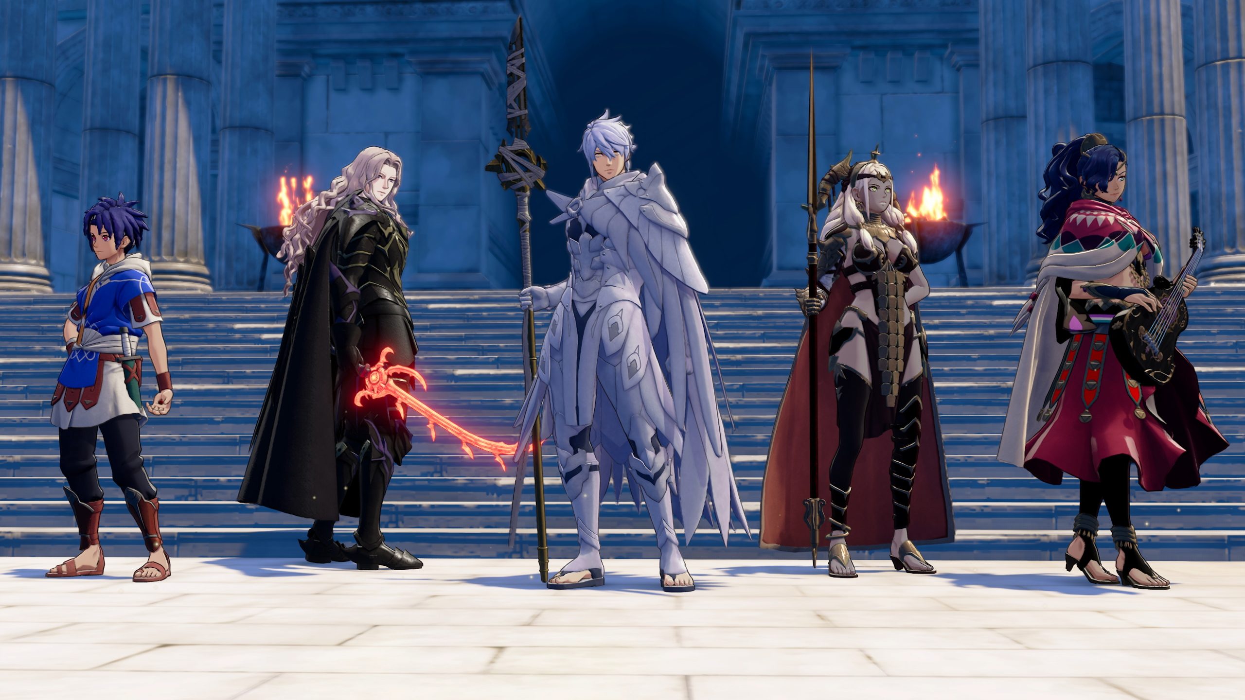 Five characters from Eiyuden Chronicle: Hundred Heroes stand in front of stone steps, each wearing distinct armor and holding various weapons and a guitar.