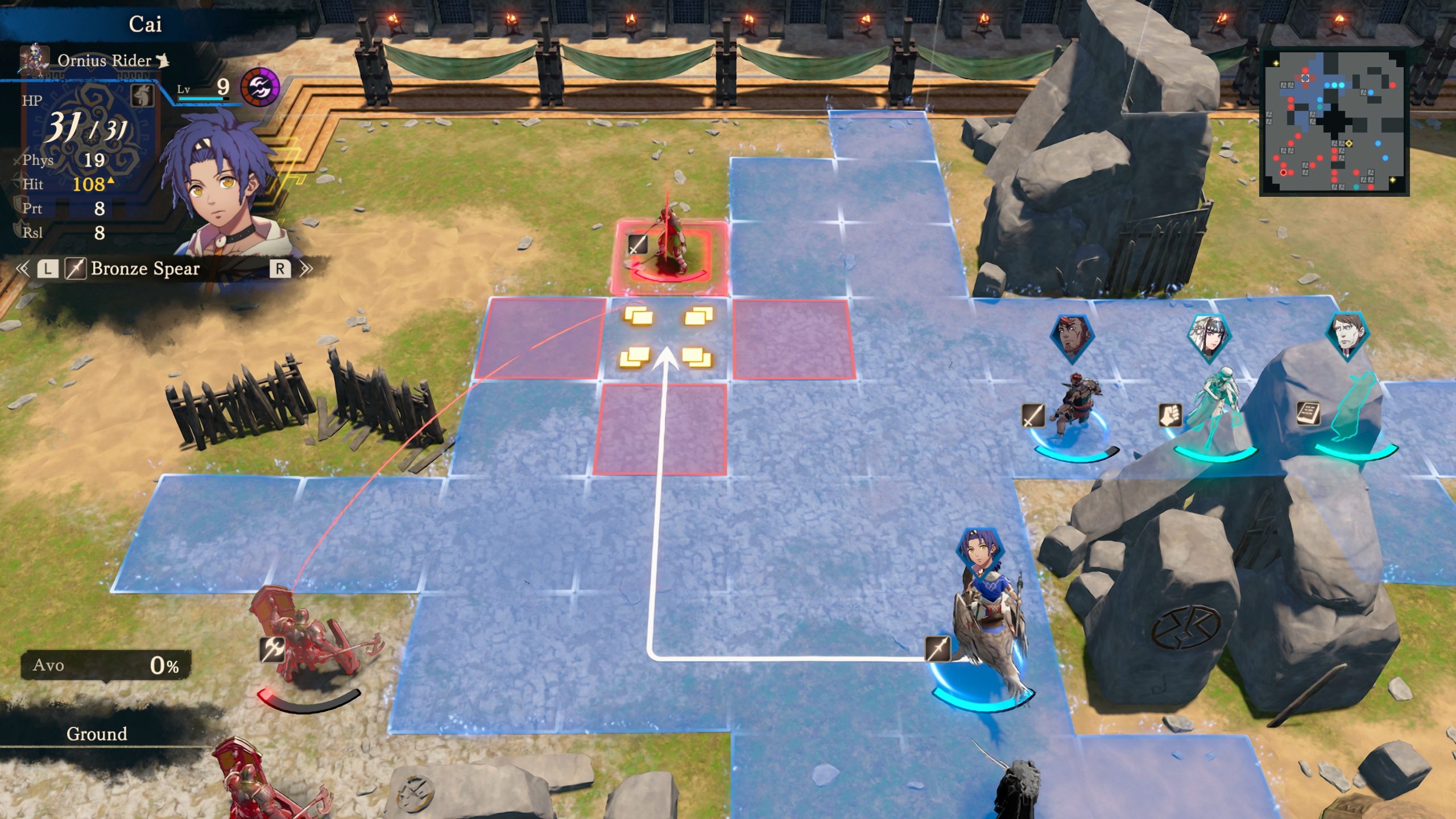 A character named Cai with a 'Bronze Spear' prepares to move on a tactical battle grid in an RPG game interface, featuring stats and a map.