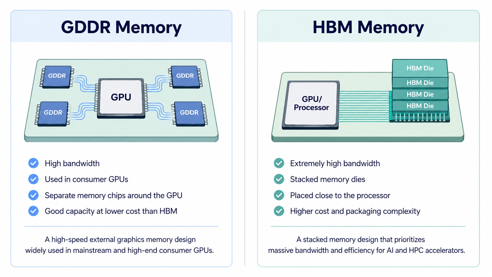 A comparison illustration of 'GDDR Memory' and 'HBM Memory' shows GDDR with separate memory chips around a GPU, highlighting high bandwidth and lower cost, while HBM features stacked memory dies close to a GPU/Processor, emphasizing extremely high bandwidth and higher cost.