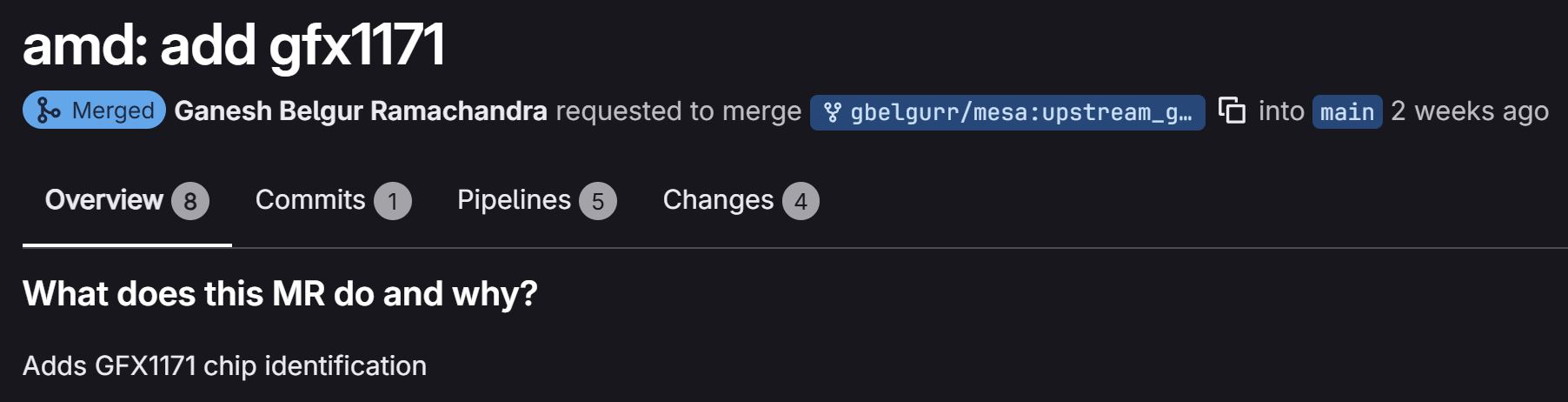 A GitHub merge request titled 'amd: add gfx1171' by Ganesh Belgur Ramachandra for GFX1171 chip identification has been merged into the main branch.
