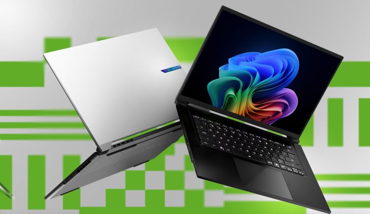 Two Gigabyte AERO laptops are displayed, one showing a vibrant screen with colorful patterns and the second showing the silver back lid with the 'GIGABYTE' logo.