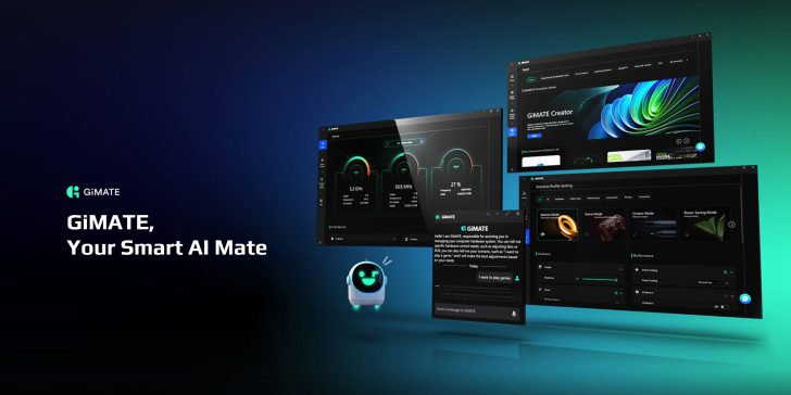 A digital interface shows multiple screens of the GiMATE software with performance monitoring, AI commands, and scenario profile settings, alongside the text 'GiMATE, Your Smart AI Mate.'
