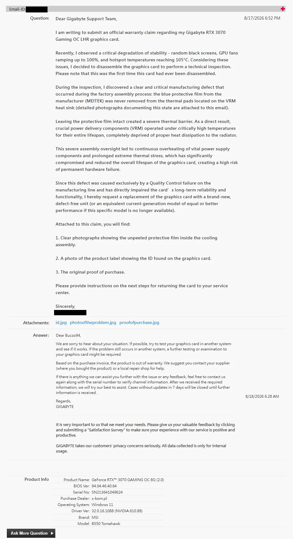 An email correspondence about a warranty claim for a Gigabyte RTX 3070 Gaming OC LHR graphics card shows text discussing assembly defects and overheating issues with attachments listed as id.jpg, photooftheproblem.jpg, and proofofpurchase.jpg, and includes a response from Gigabyte advising further testing.