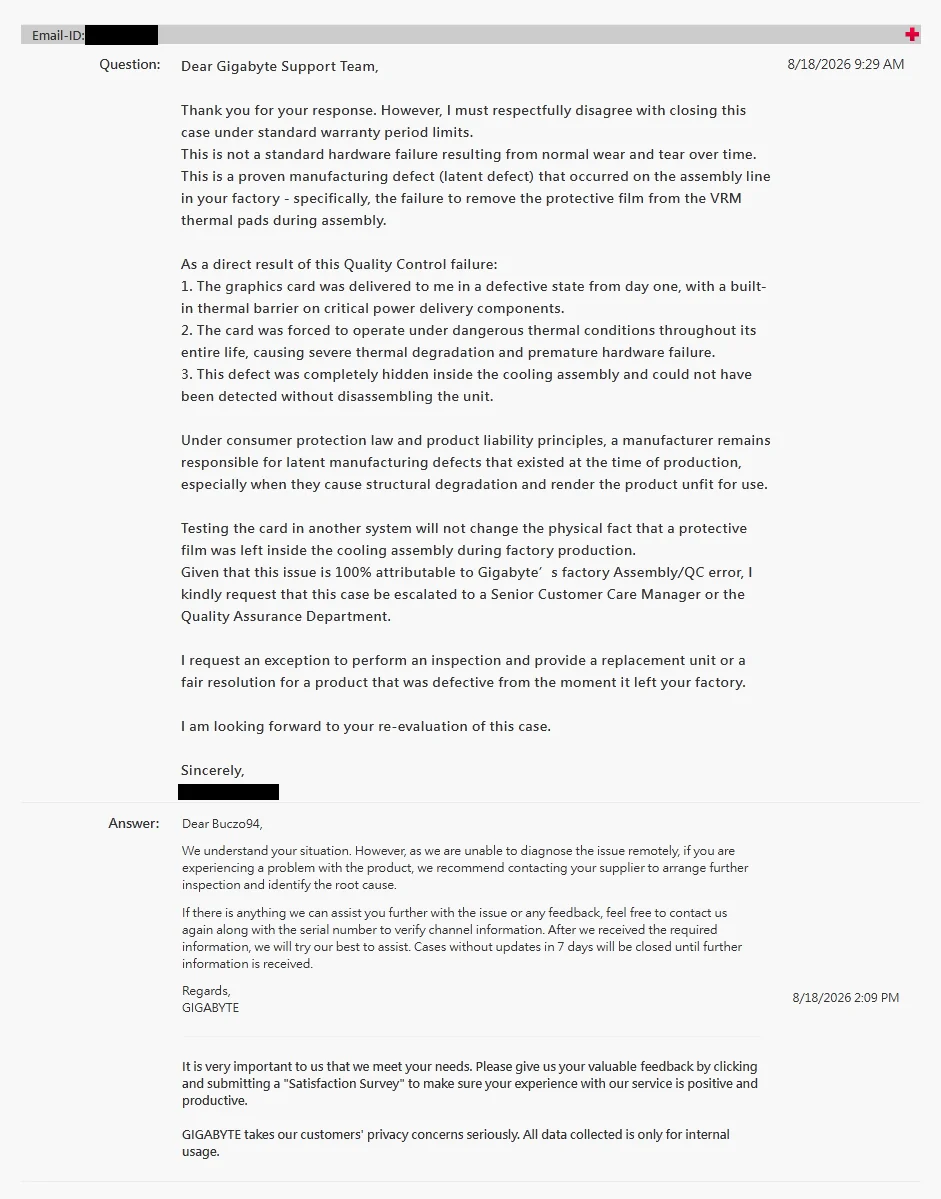 An email exchange shows a customer disputing a warranty decision with Gigabyte Support, citing a latent defect due to assembly errors, and Gigabyte's response recommending further inspection and suggesting contact with the supplier.