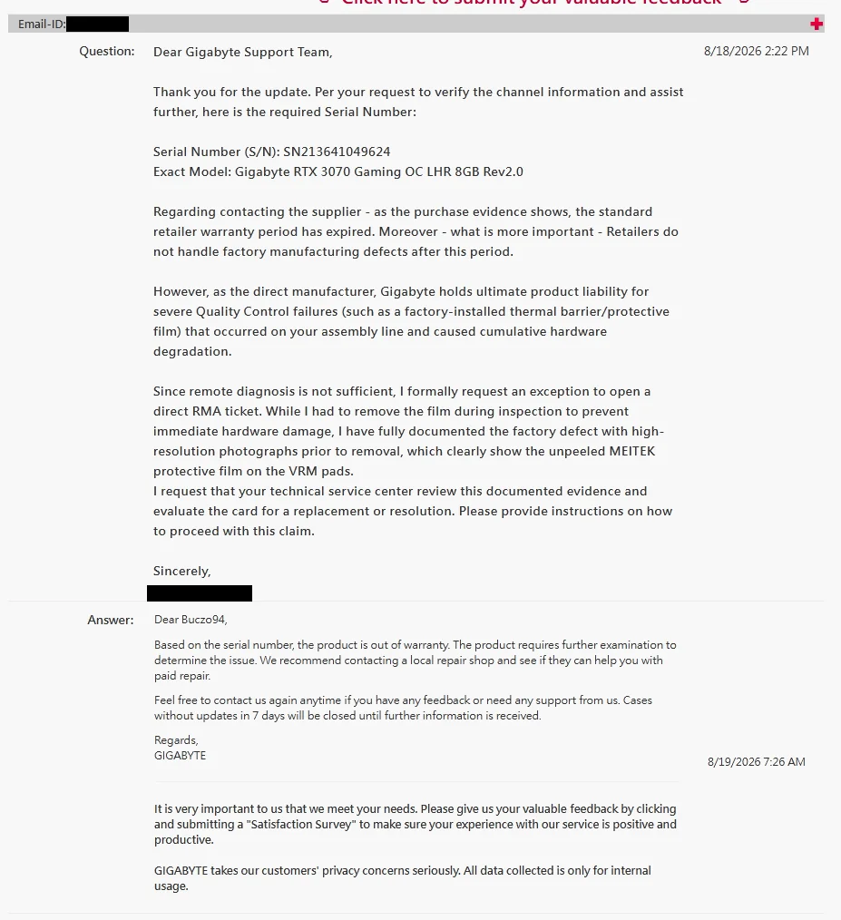 An email conversation shows a user reporting an issue with a Gigabyte RTX 3070 Gaming OC LHR 8GB Rev2.0, and Gigabyte Support stating the product is out of warranty and suggesting contacting a local repair shop.