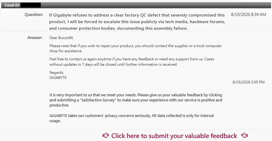 An email exchange shows a customer's question about addressing a Gigabyte QC defect and Gigabyte's response offering repair assistance and a satisfaction survey, with a red link stating 'Click here to submit your valuable feedback'.