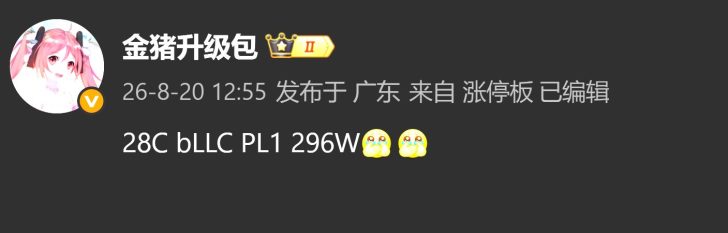 A profile image with text in Chinese characters, alongside '28C bLLC PL1 296W' and two crying face emojis.