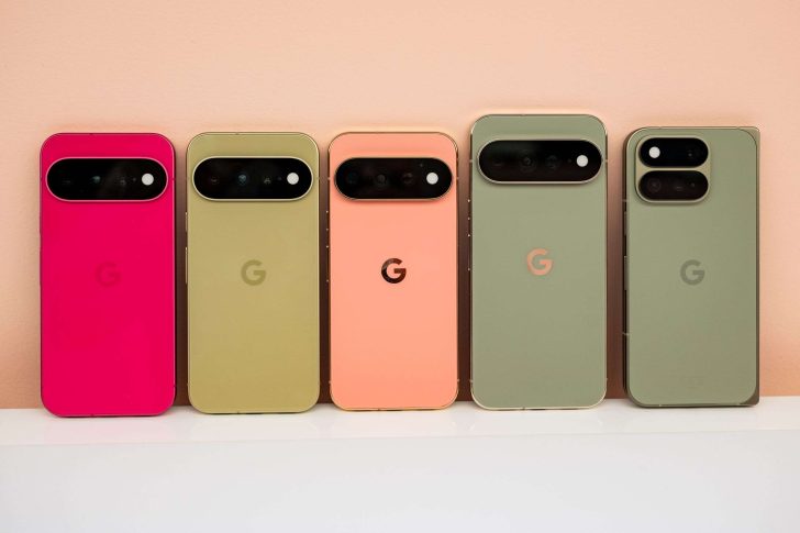Five Google Pixel phones in vibrant colors, featuring dual and triple camera arrays on their backs.