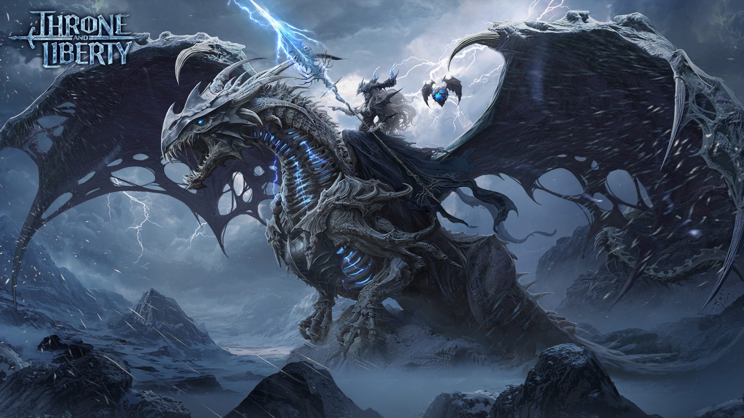 A knight in dark armor wields a lightning-charged spear while riding a skeletal dragon amidst a stormy landscape, with the game's title 'Throne and Liberty' prominently displayed in the sky.