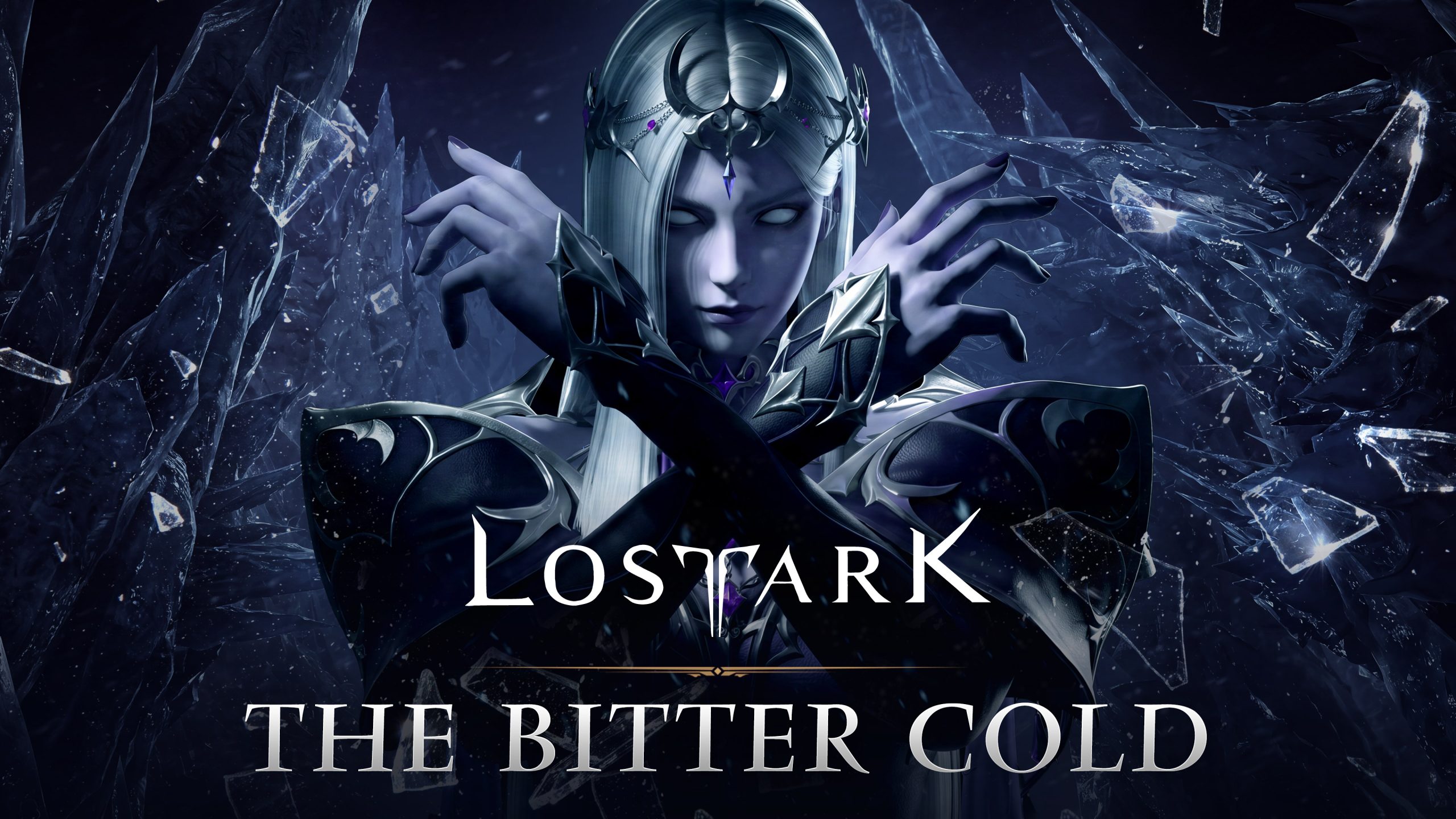 A character in Lost Ark stands with arms crossed in a frosty environment, surrounded by shards of ice, with the text 'The Bitter Cold' displayed prominently.
