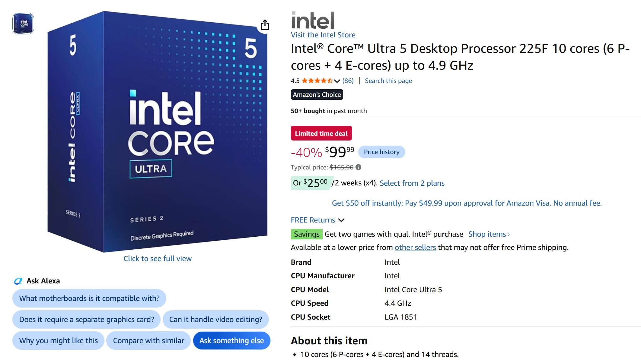 The image shows an Intel Core Ultra 5 Desktop Processor 225F with 10 cores and speeds up to 4.9 GHz, priced at $99.99 with a 40% discount, alongside the processor's packaging and detailed specifications.