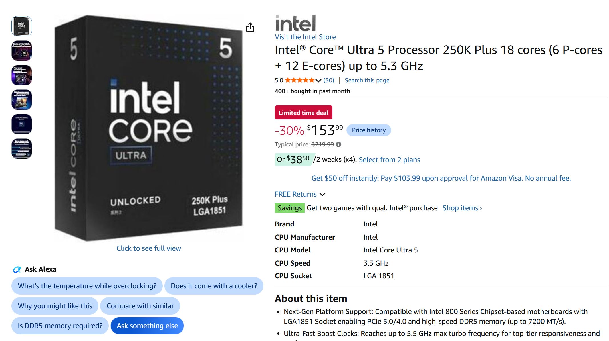 The image shows a product listing for the Intel Core Ultra 5 Processor 250K Plus featuring 18 cores, with a price of $153.99 after a 30% discount on Amazon.