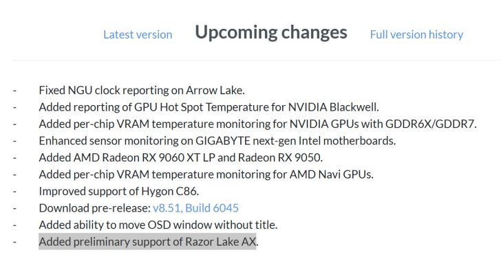 A list of 'Upcoming changes' includes added support for AMD Radeon RX 9060 XT LP and NVIDIA Blackwell GPU temperature reporting.