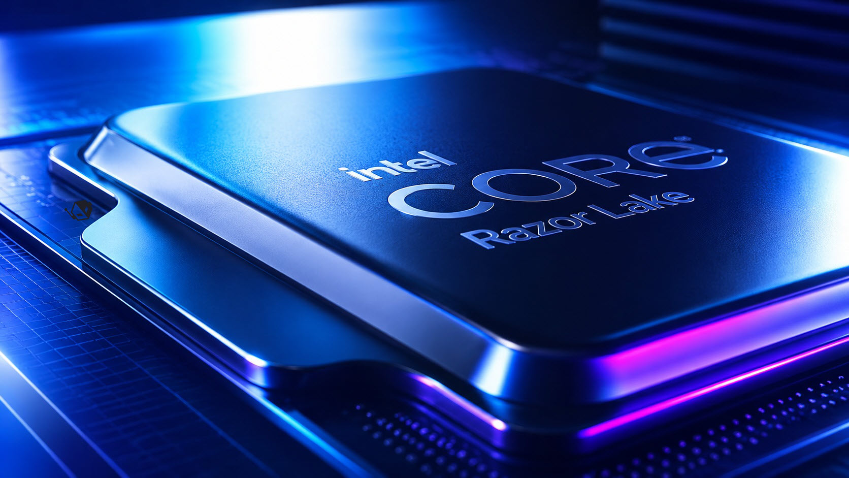An Intel Core processor labeled Razor Lake is showcased with illuminated blue and purple accents.