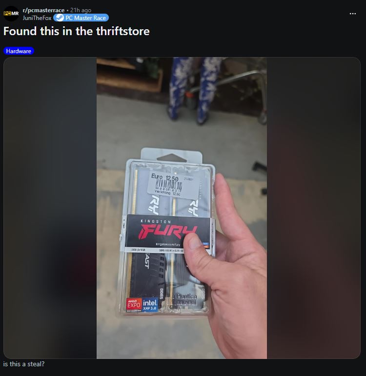 A hand holding a package of Kingston Fury RAM modules, with a price tag labeled 'Euro 12.50'.