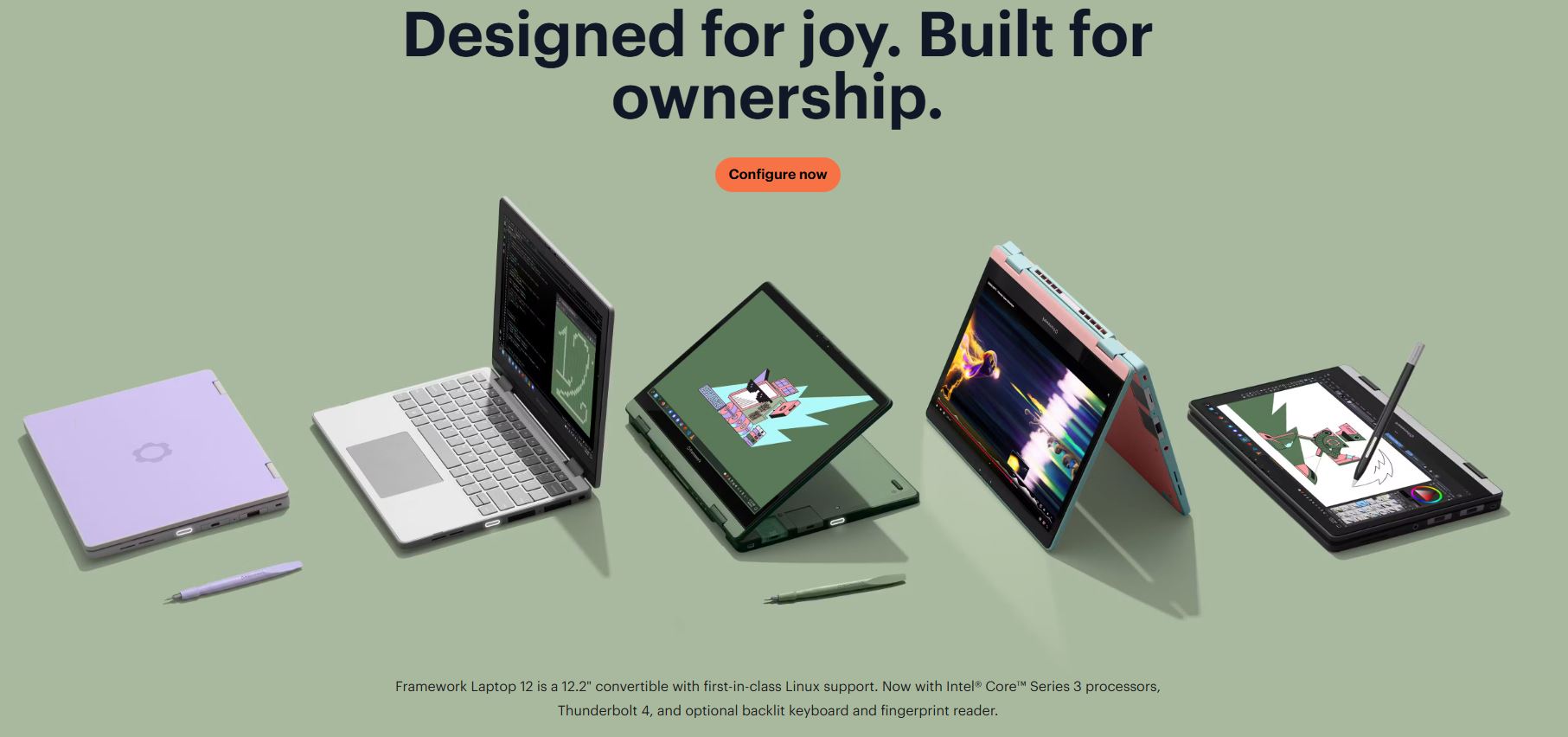 A range of Framework Laptop 12 models are displayed in various modes, including a 2-in-1 design with 'Configure now' text and features like Linux support and Intel Core Series 3 processors.
