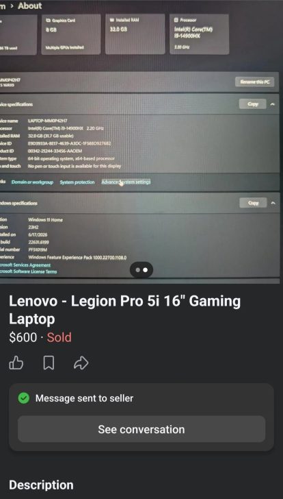 Facebook Marketplace listing showing an RTX 4070 gaming laptop with 32GB RAM and 2TB SSD listed for $600