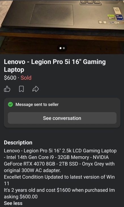 Facebook Marketplace listing showing an RTX 4070 gaming laptop with 32GB RAM and 2TB SSD listed for $600