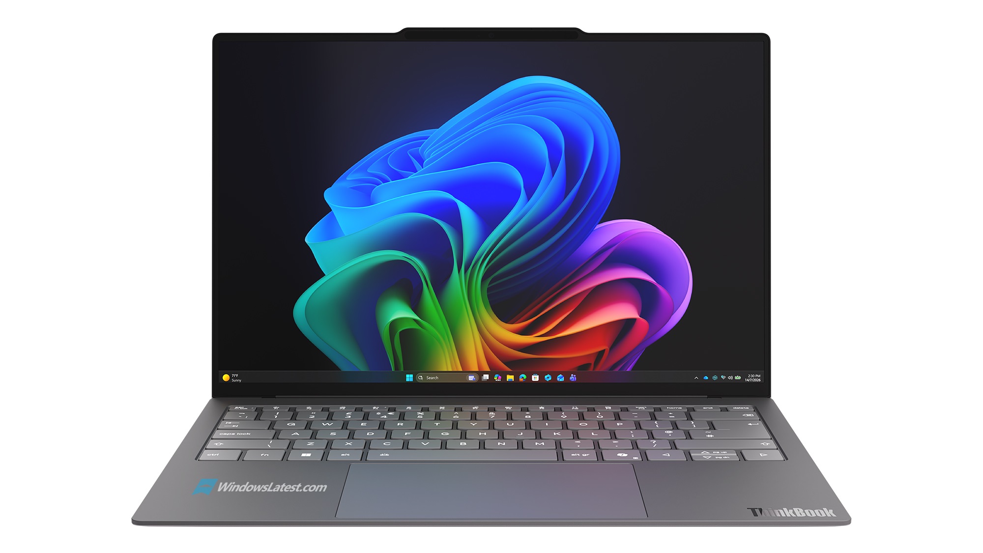 A Lenovo ThinkBook laptop displays a colorful Windows 11 wallpaper with 'WindowsLatest.com' on the keyboard palm rest.