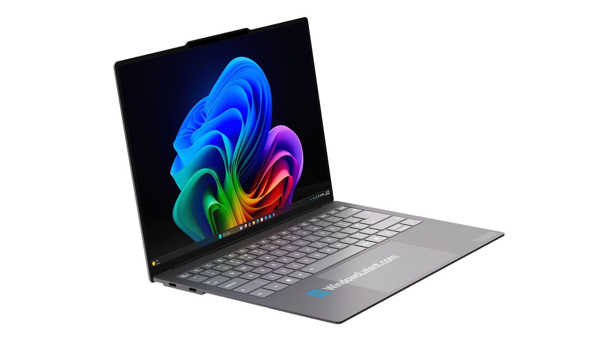 A Lenovo ThinkPad laptop is open displaying a vibrant, abstract Windows 11 wallpaper on its screen.