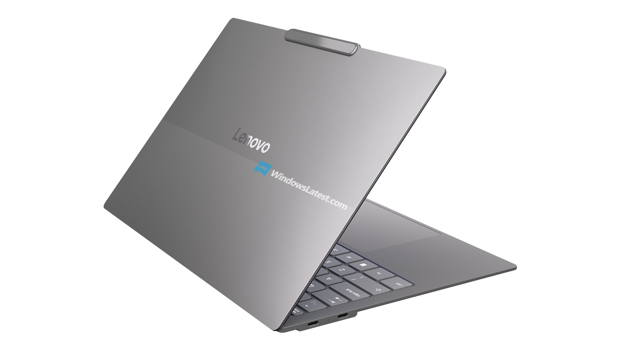 A Lenovo laptop with a sleek, silver design is displayed partially open, showcasing the back of the screen with a 'WindowsLatest.com' watermark.