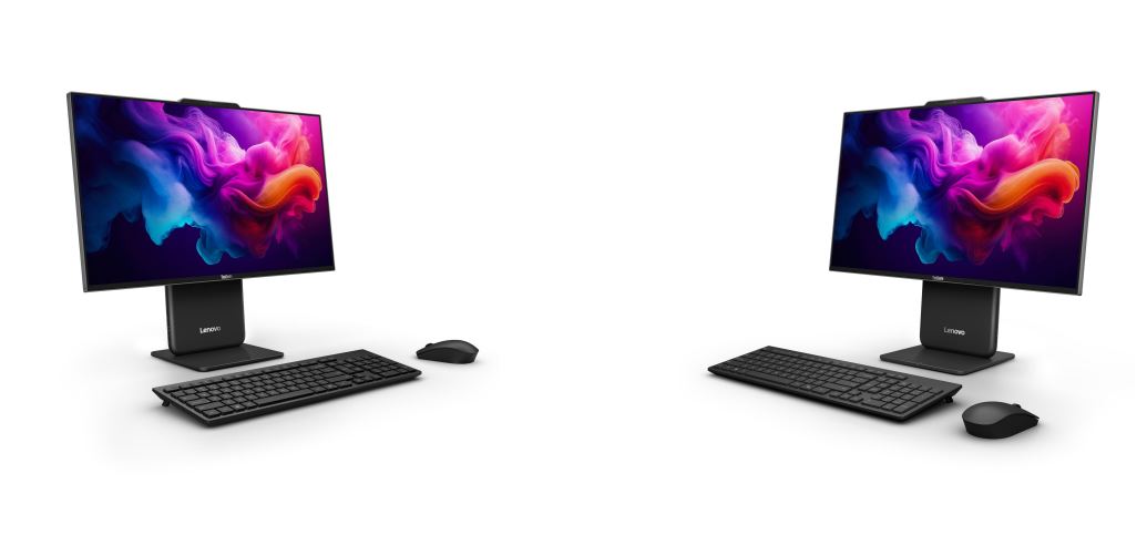 Two Lenovo all-in-one desktop computers with colorful swirling backgrounds, each accompanied by a keyboard and mouse.