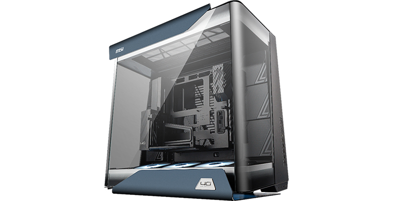 The MSI MEG Prospect 700R gaming case with a sleek glass panel and '4G' branding is showcased from an angled view.
