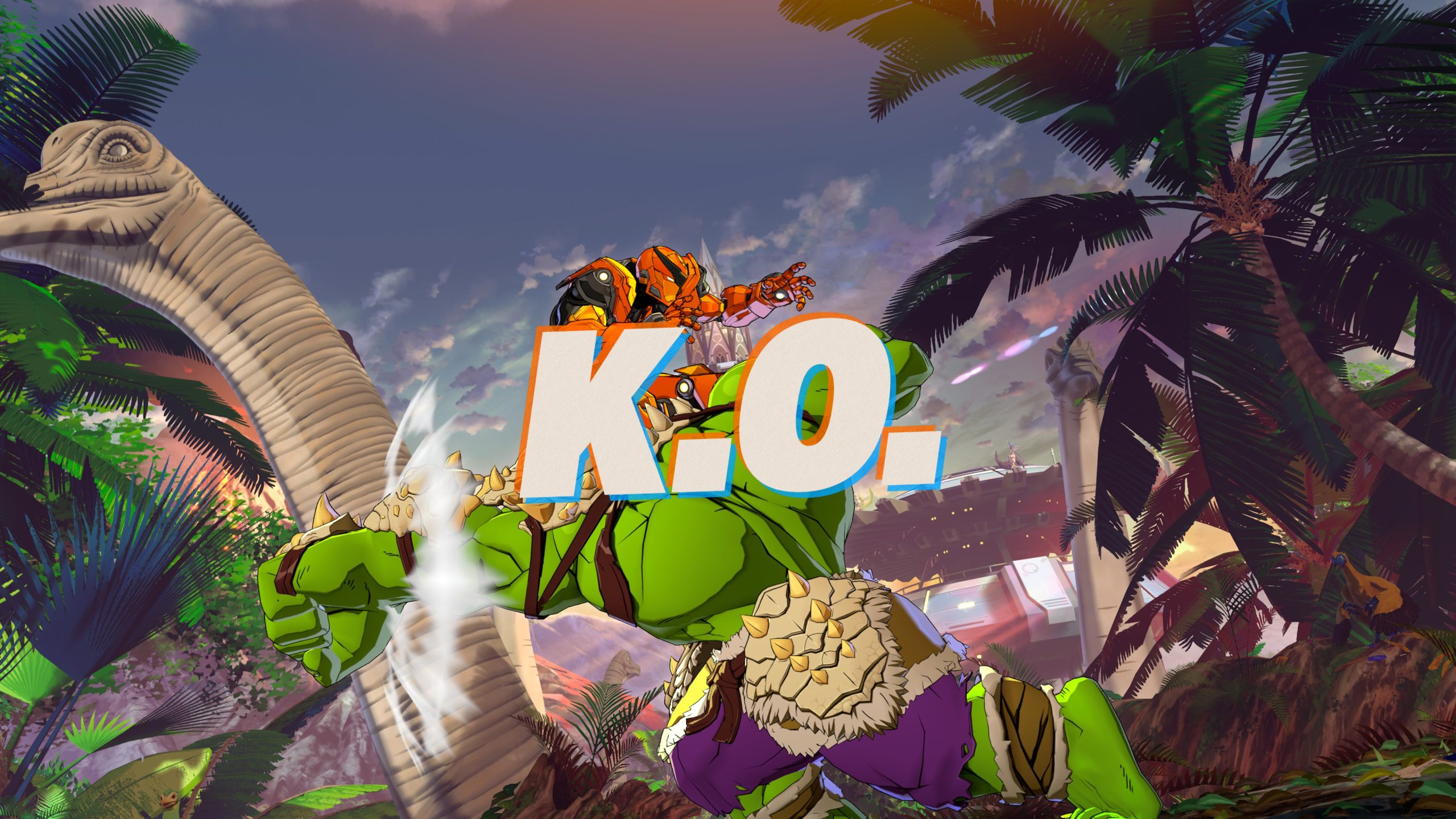 A fight scene in the game Street Fighter 6 shows a robot character delivering a knockout punch to a green-skinned opponent, with the large text 'K.O.' displayed prominently.