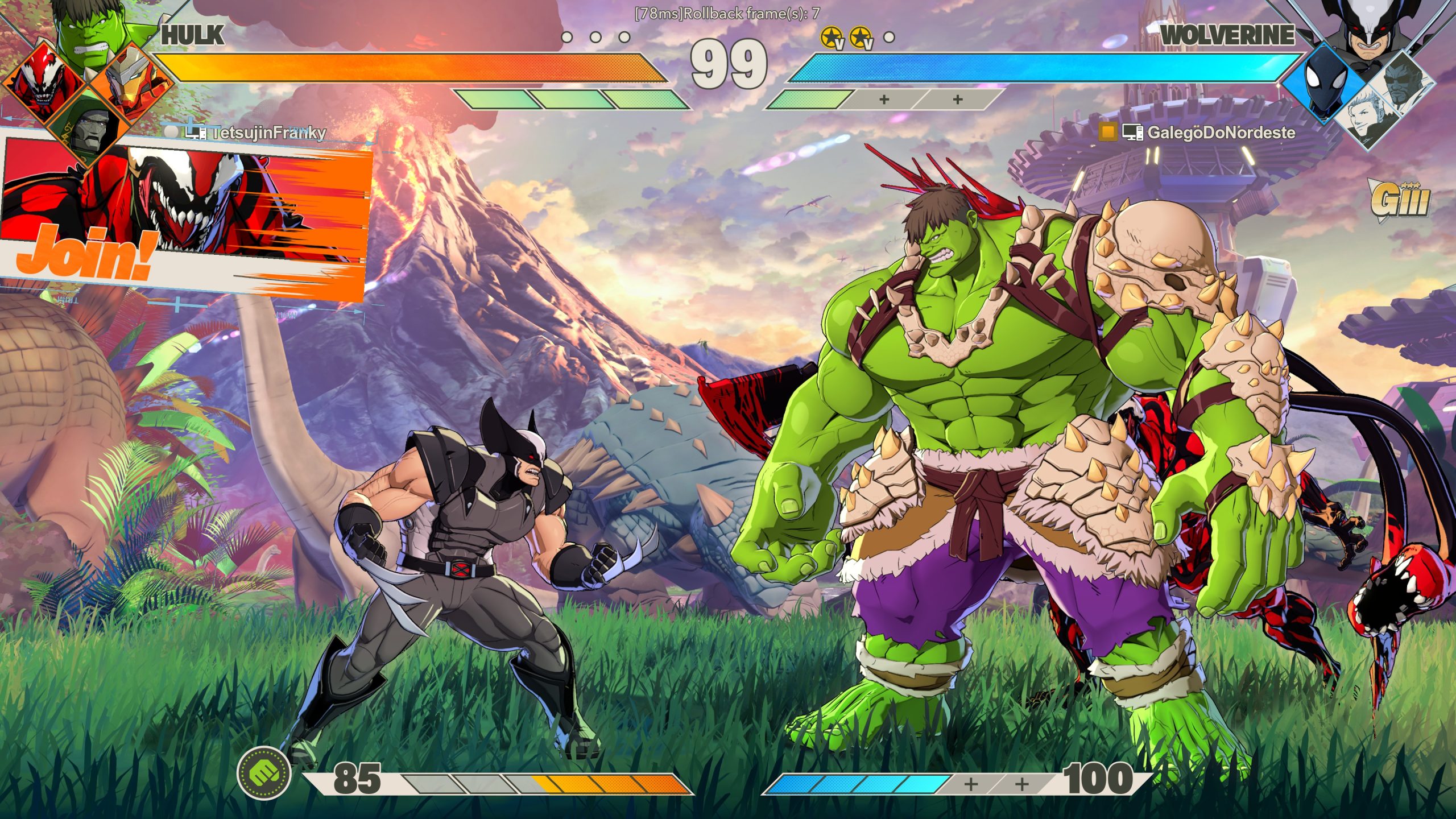 A video game screen featuring Hulk and Wolverine preparing to fight in a grassy arena, with a 'Join!' prompt and player names 'UetsujinFranky' and 'GalegôDoNordeste' displayed.